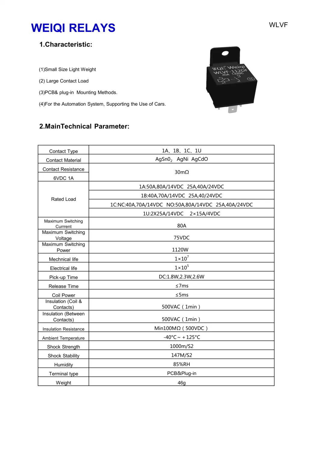 (WLVF) Mini Size Automotive Relay Suit for Automation System 30A 40A 50A